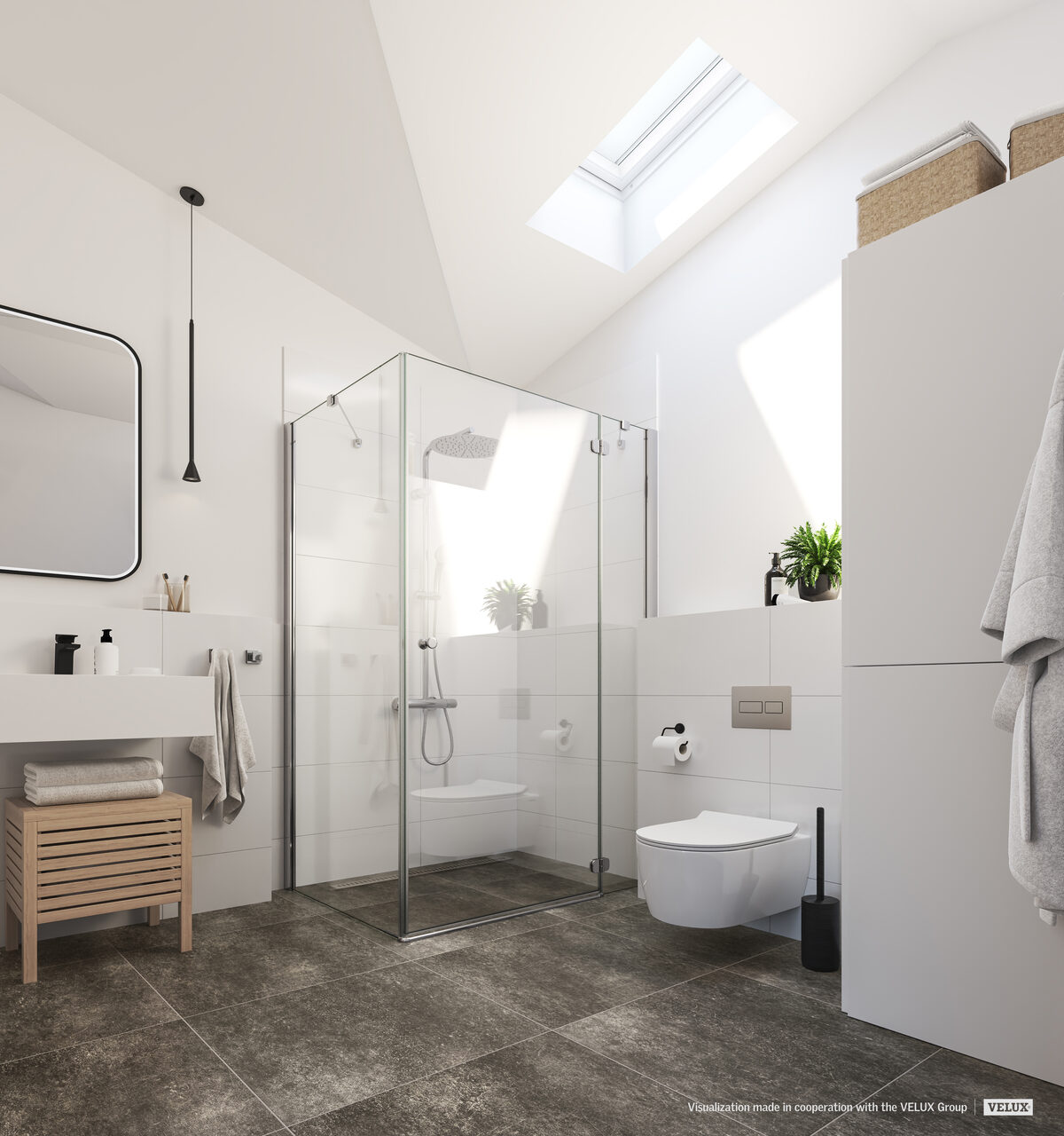 Bad mit bodengleicher Dusche und Dachfenster